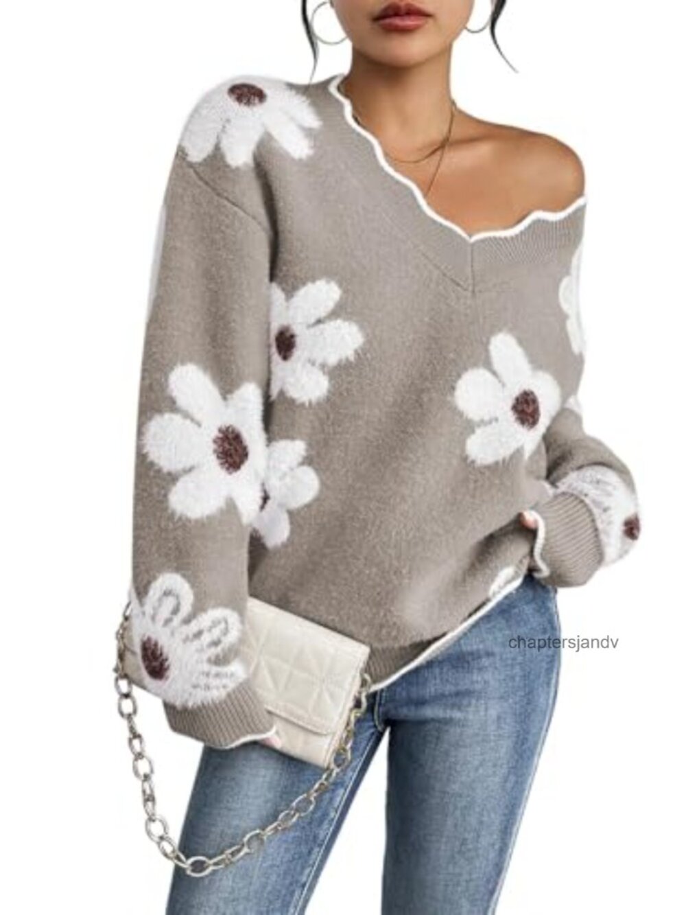 Oversized V Neck Fuzzy Chunky Knit Pullover Sweater